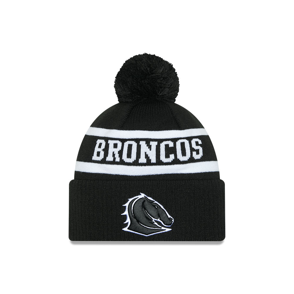 Brisbane Broncos Beanie - 2025 NRL Black White Pom Knit - New Era